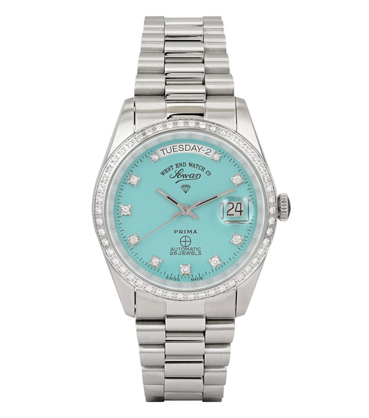 West End classic watch in None color, featuring stainless steel case, bracelet, and gold bezel, showcased at a side angle.