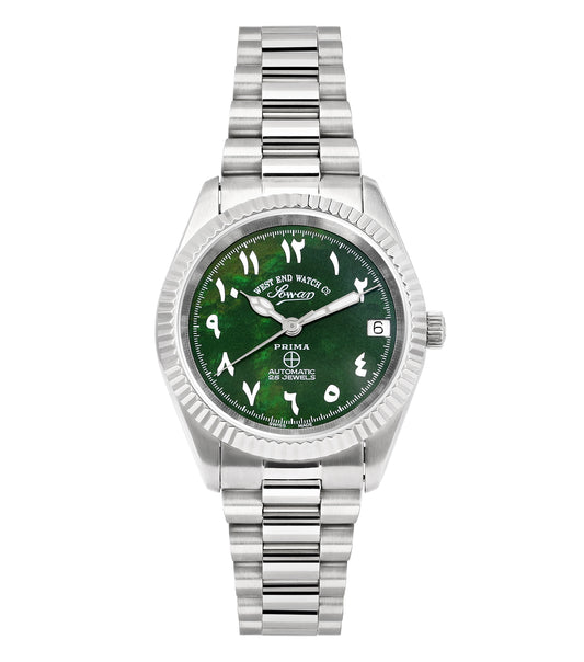 Captivating West End green watch, angled front view showcasing elegant design, sleek bracelet, and classic face.