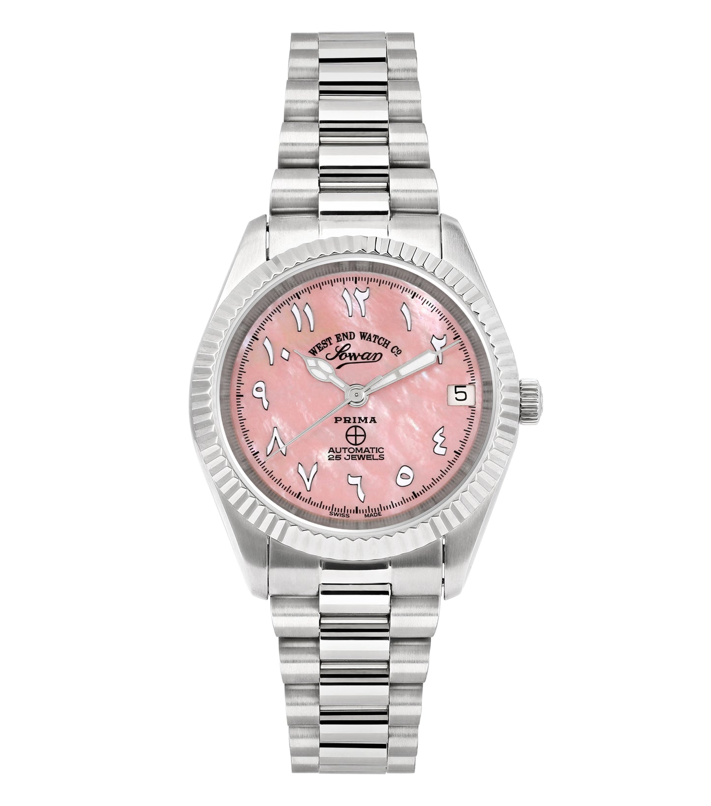 West End silver and pink watch, side angle view, showcasing elegant design, detailed dials, and sleek straps in a captivating fashion.