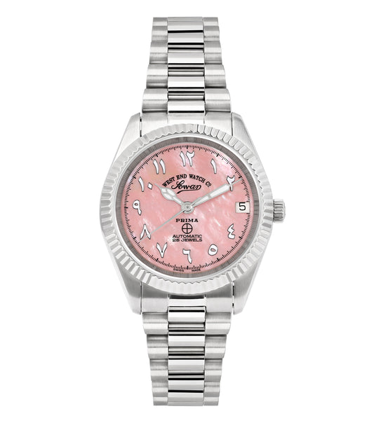 West End silver and pink watch, side angle view, showcasing elegant design, detailed dials, and sleek straps in a captivating fashion.