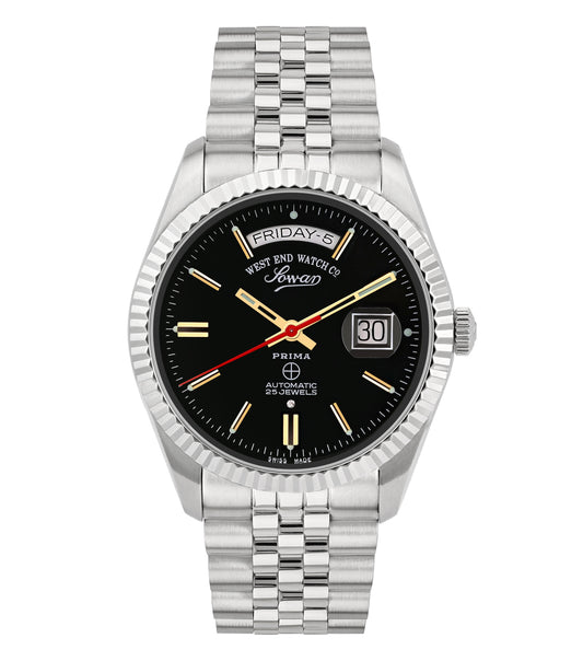 West End elegant watch, rich brown leather strap, classic round dial, side angle view, timeless sophistication