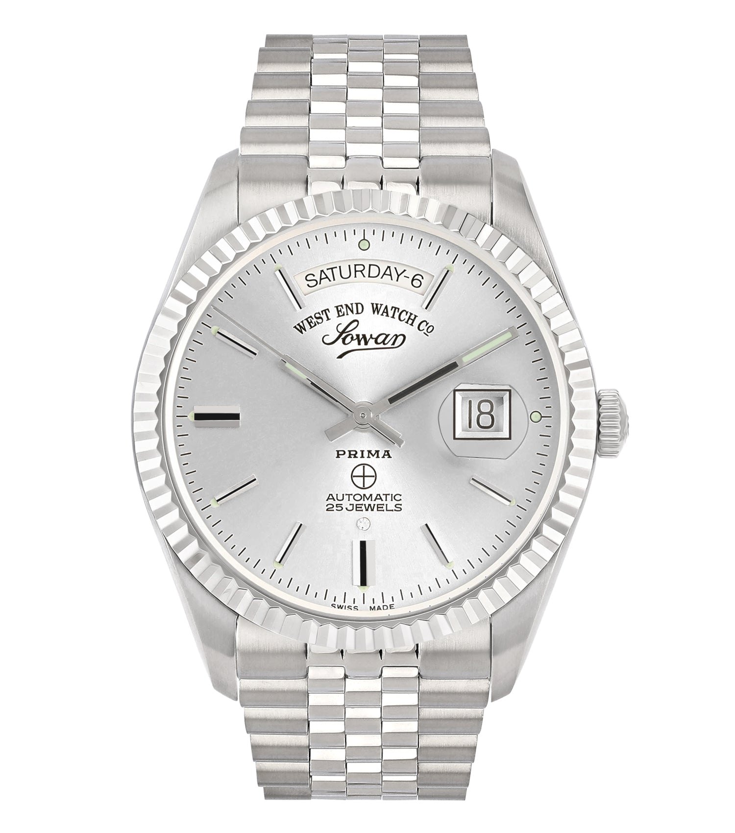 West End silver watch with elegant silver dial and bracelet, viewed from front angle, capturing luxury timepiece details.
