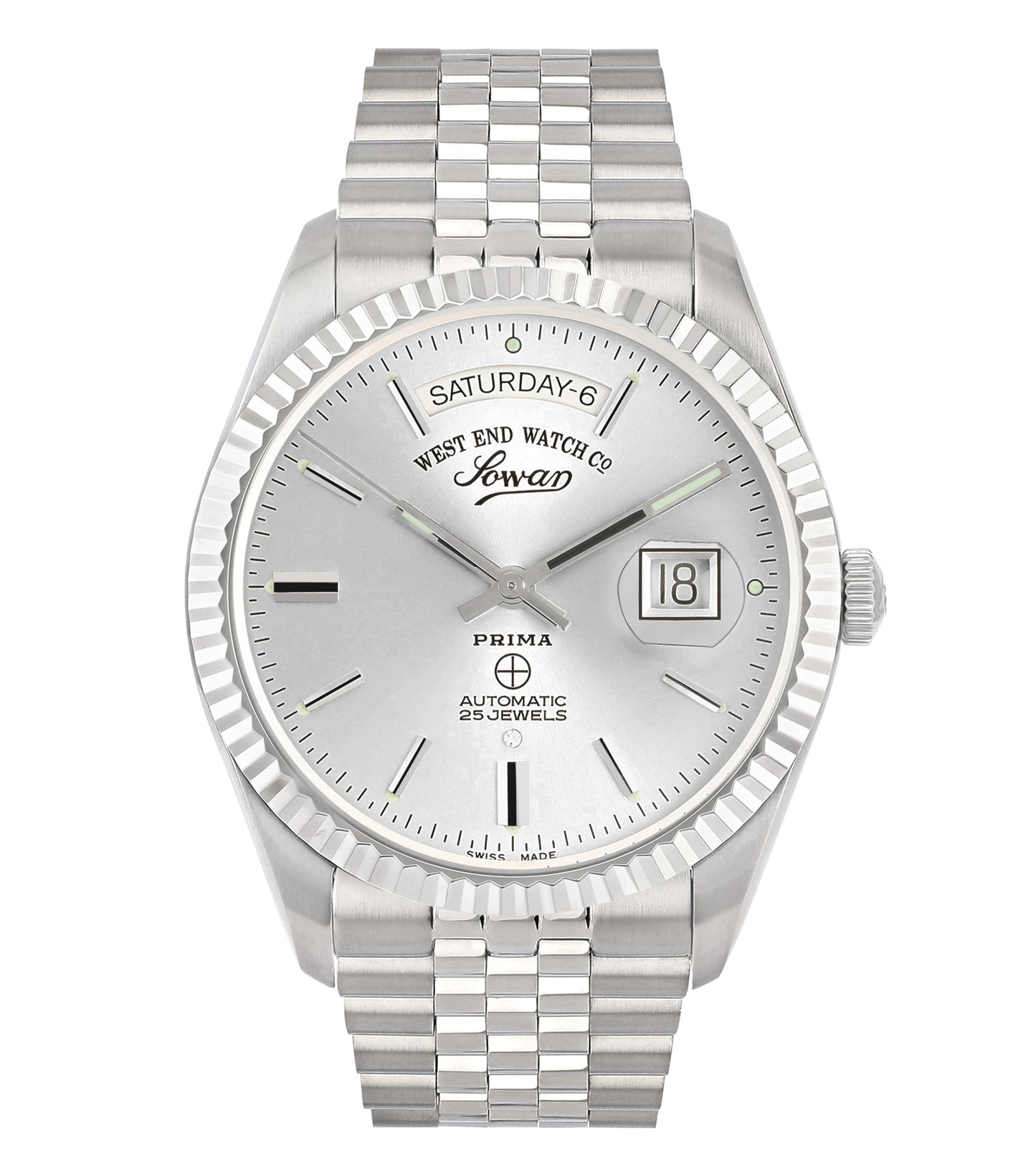 West End silver watch with elegant silver dial and bracelet, viewed from front angle, capturing luxury timepiece details.