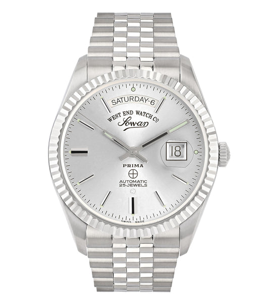 West End silver watch with elegant silver dial and bracelet, viewed from front angle, capturing luxury timepiece details.