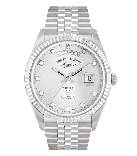West End silver watch, front view; elegant timepiece with detailed dial and sleek strap, showcasing precision craftsmanship.