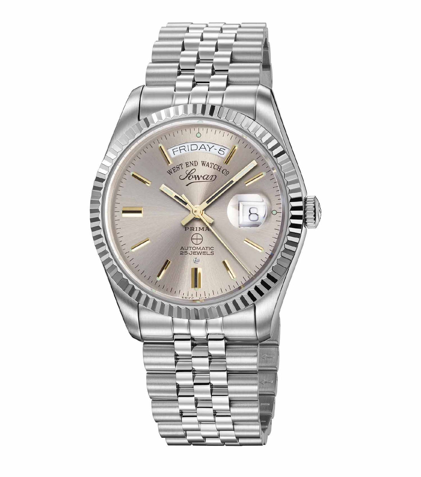 Elegant West End silver watch featuring a round face, side angle view, set on white surface showcasing detailed design elements.