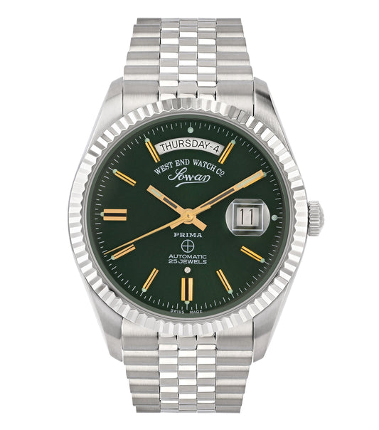 West End silver watch with classic timepiece design, featuring a sleek round face and leather strap, displayed at a 45-degree angle