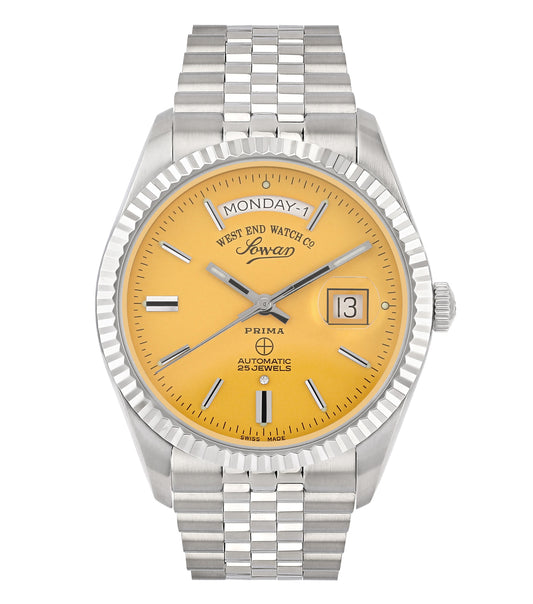 West End silver and yellow watch, angled view; highlighting classic design, sleek metallic finish, passion for craftsmanship.