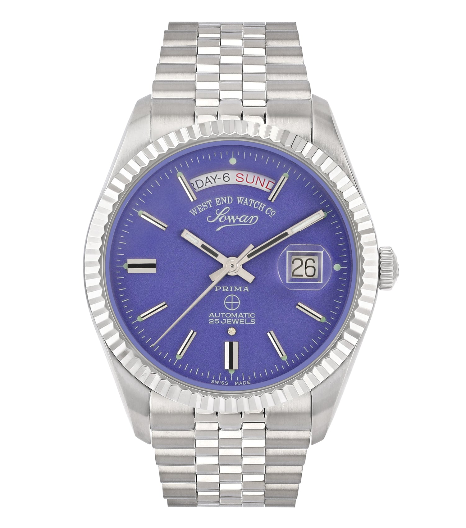 West End watch with a classic design, black leather strap and silver case, angled slightly from the side for a refined look.