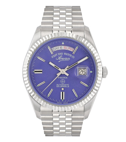 West End watch with a classic design, black leather strap and silver case, angled slightly from the side for a refined look.