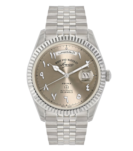 West End silver watch, front view; sleek design with metallic elegance; premium craftsmanship; sophisticated timepiece.