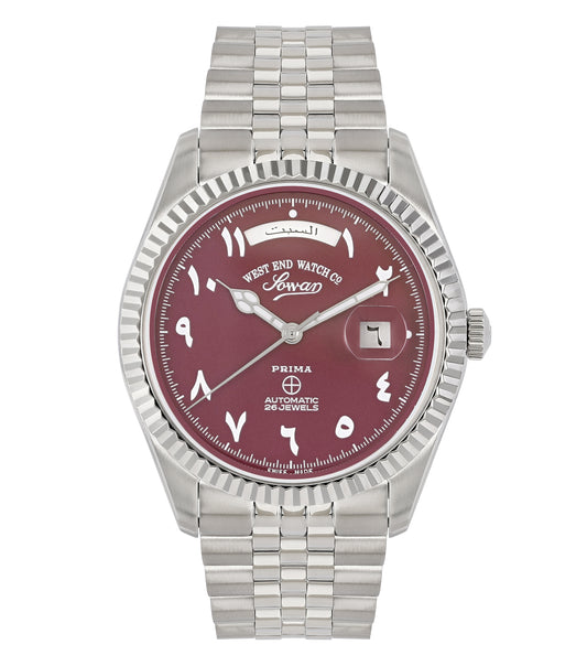 West End silver watch showcasing intricate design; side angle captures sleek stainless steel bracelet and refined face details.