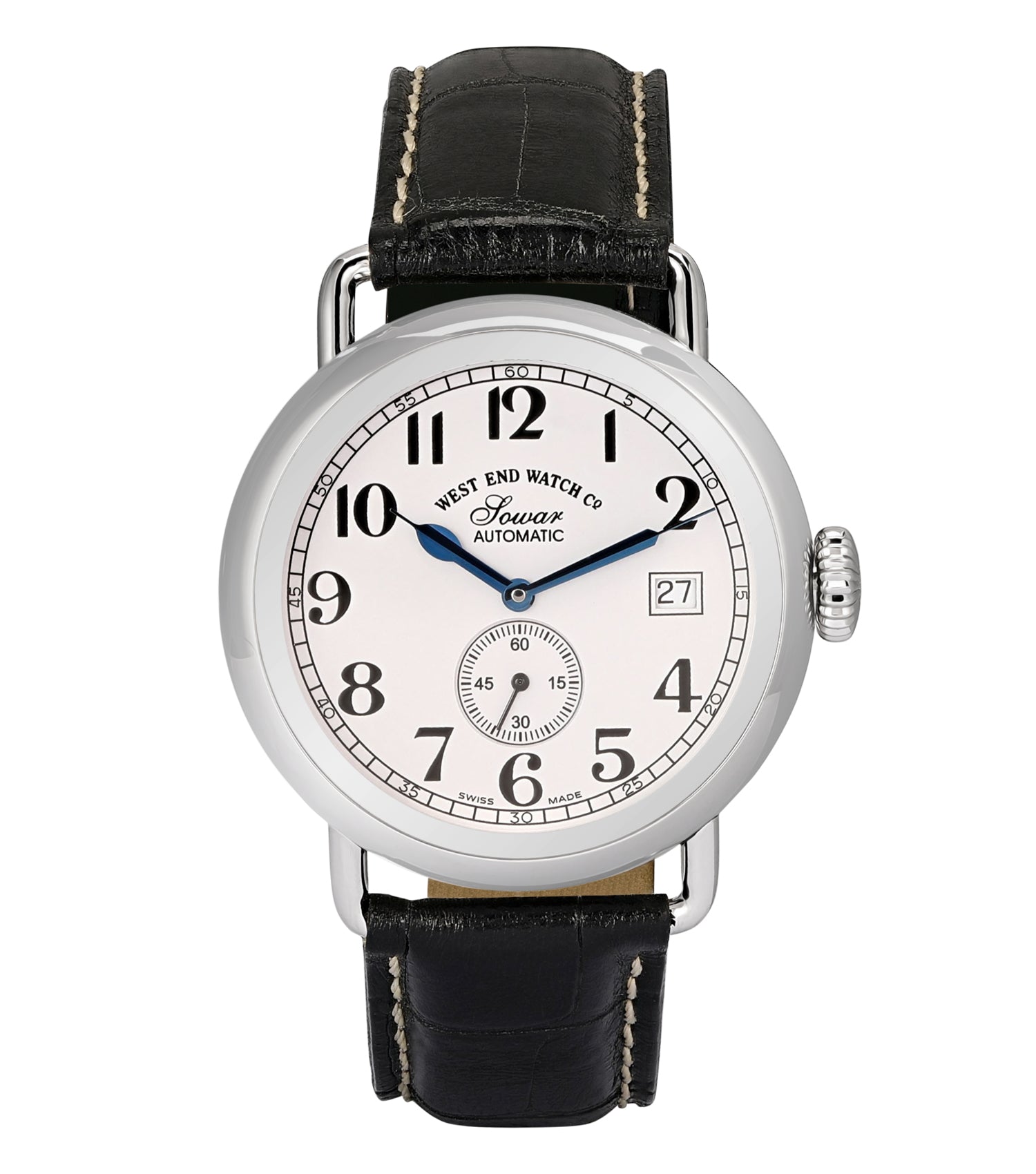 West End watch in 1916 color, angled view showcasing intricate dial details and suave leather strap for style lovers.