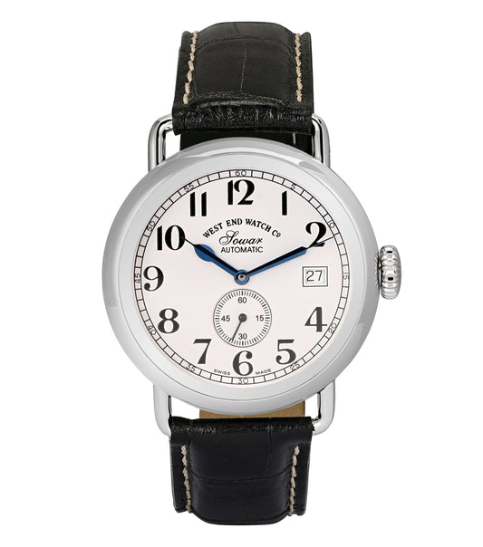 West End watch in 1916 color, angled view showcasing intricate dial details and suave leather strap for style lovers.
