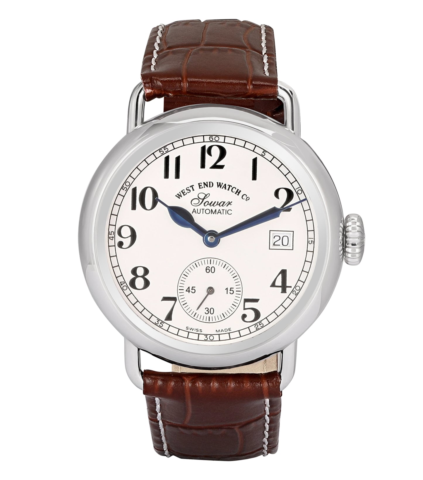 Elevate your style with the West End silver watch, showcasing a sleek round face at a dynamic angle, perfect for enthusiasts.