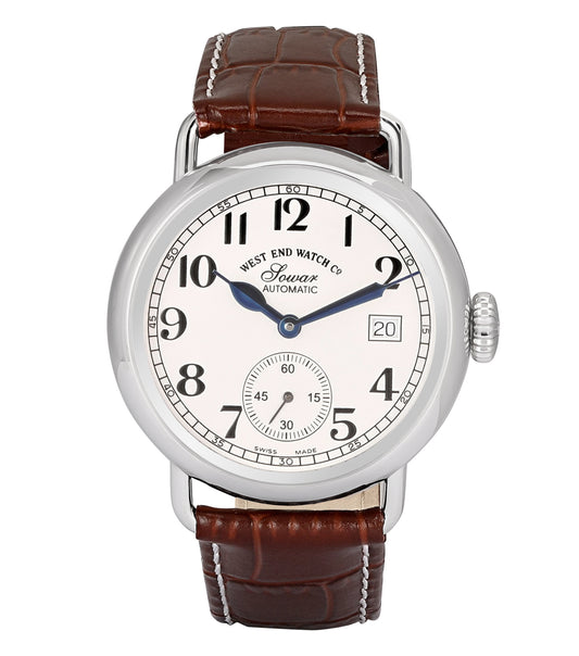 Elevate your style with the West End silver watch, showcasing a sleek round face at a dynamic angle, perfect for enthusiasts.