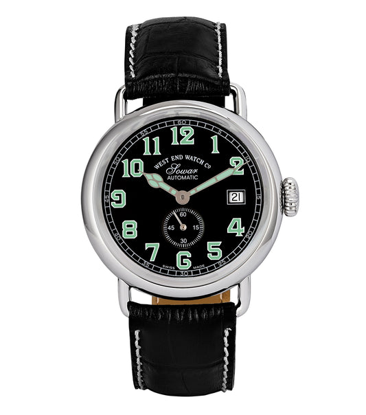 West End luxury watch with a sleek silver face, classic black strap, side-angle view showcasing elegant design and precise craftsmanship.