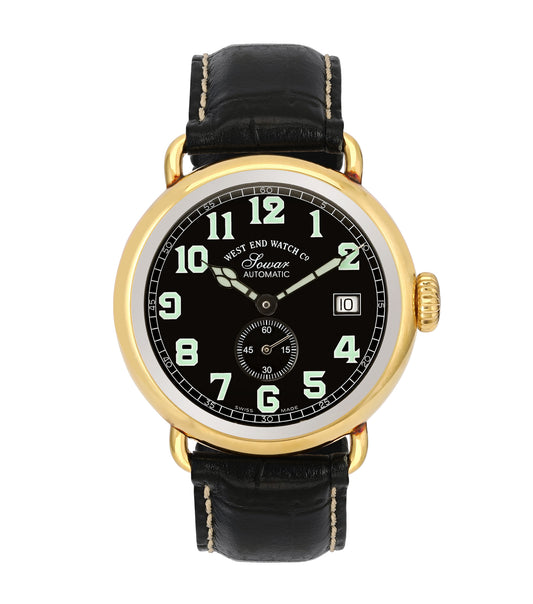 West End luxury watch, classic silver design with black accents, front angle view showcasing polished single-color elegance.