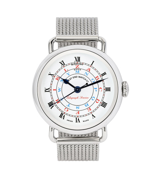West End elegant watch by angle view, striking Telegraph color, silver casing, black leather strap, detailed dial design.