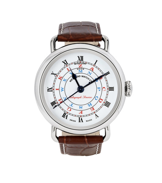 West End watch, automatic movement, showcased at a 42-degree angle with a striking gold tone, detailed dial, and elegant brown leather strap.