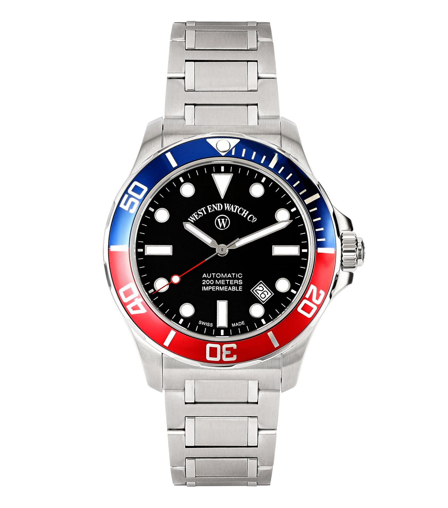 West End watch, red & black, angled view showcasing the dial's intricate details, perfect blend of style and functionality.