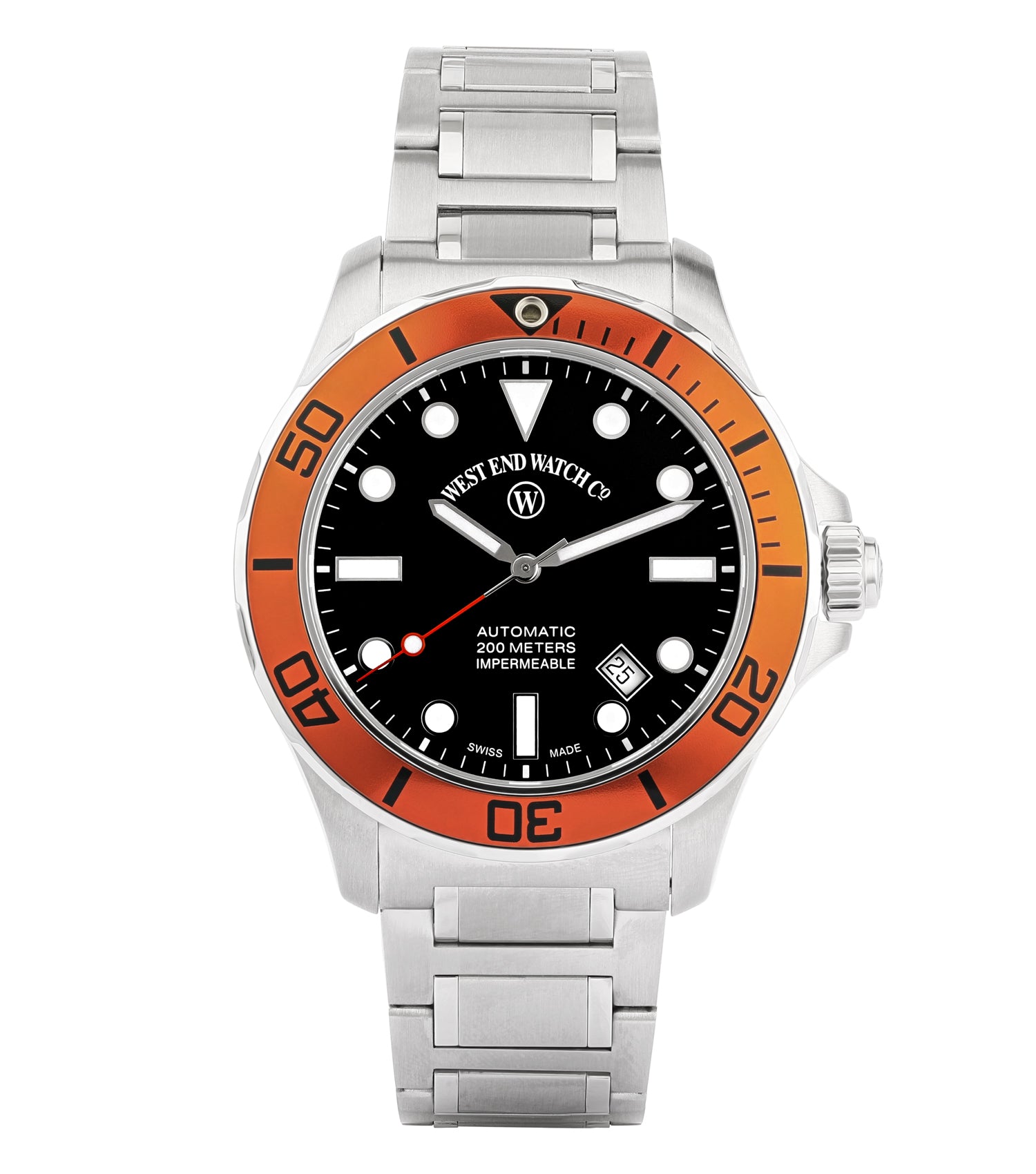 Elegant West End watch in silver tone, showcasing a sleek design with a round face, displayed at a slight angle.