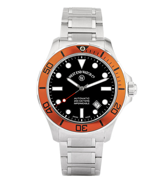Elegant West End watch in silver tone, showcasing a sleek design with a round face, displayed at a slight angle.