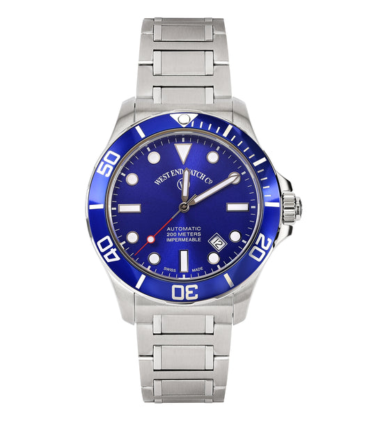 West End blue watch with sleek round face, silver accents, and leather strap, angled slightly left for a classic, stylish view.
