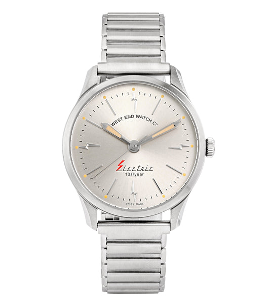 Modern West End quartz watch displaying a sleek design, photographed at a 40-degree angle, capturing its elegant craftsmanship and style.