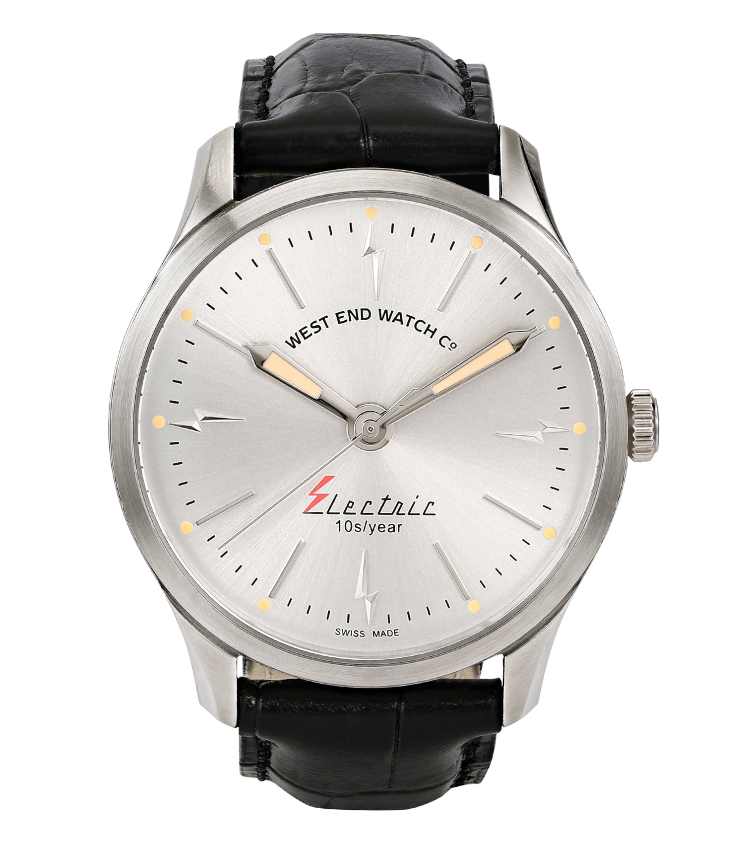 West End quartz watch with a sleek design, showcasing a stainless steel strap and round face at a 40-degree angle, perfect for enthusiasts.