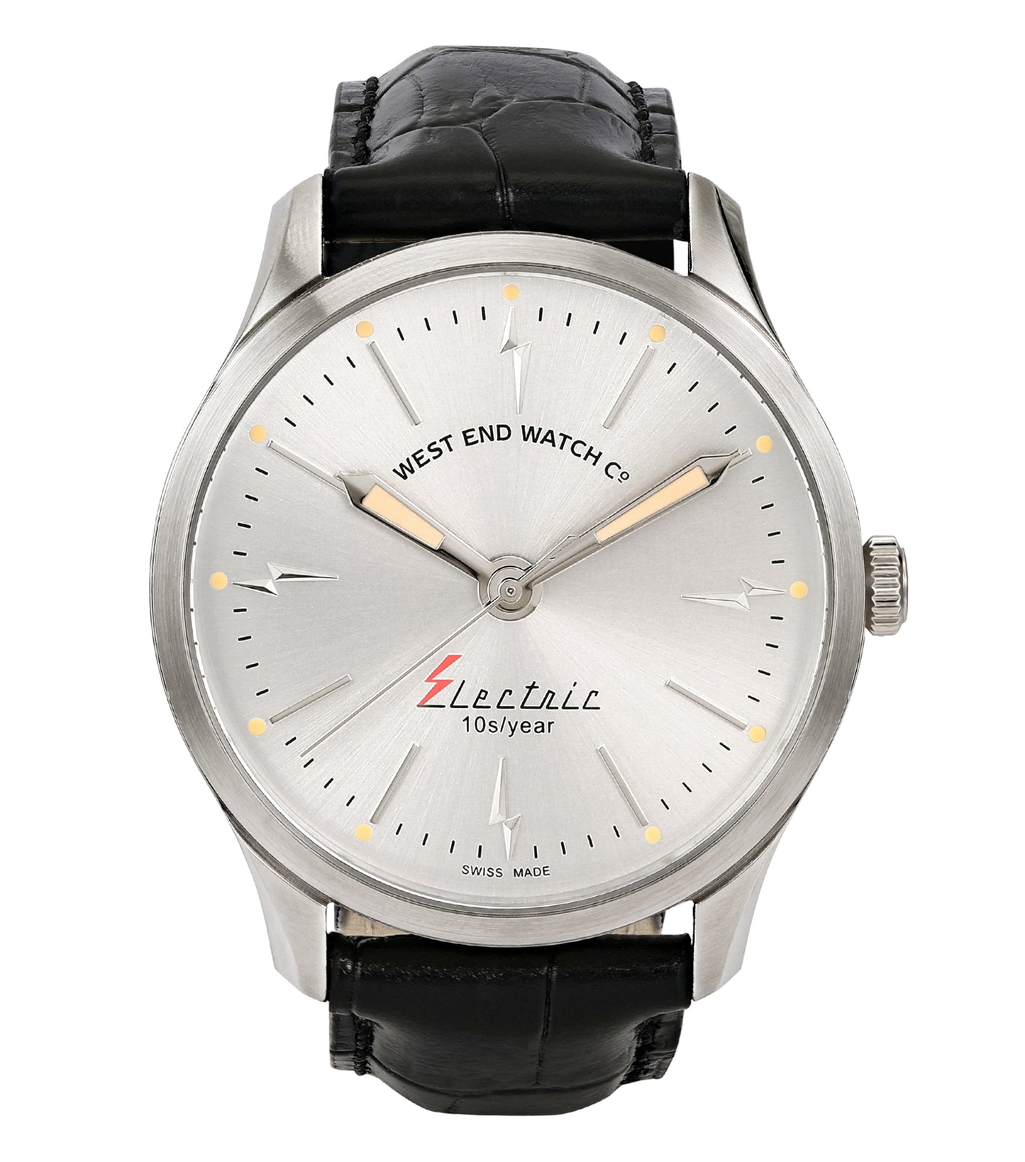 West End quartz watch with a sleek design, showcasing a stainless steel strap and round face at a 40-degree angle, perfect for enthusiasts.
