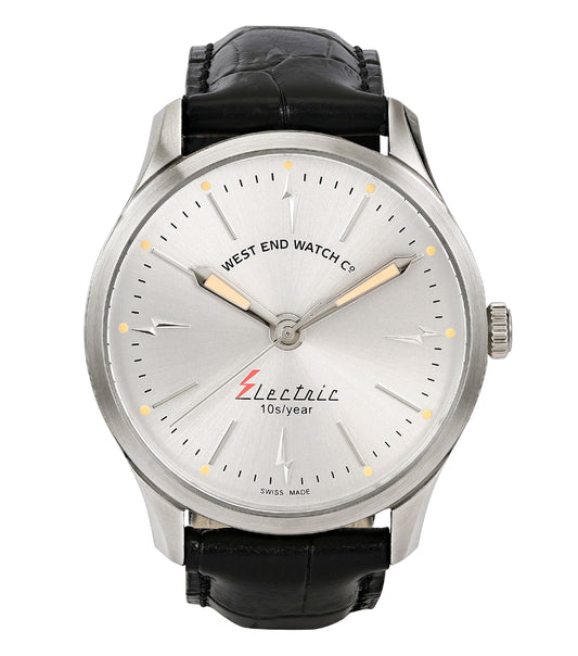 West End quartz watch with a sleek design, showcasing a stainless steel strap and round face at a 40-degree angle, perfect for enthusiasts.