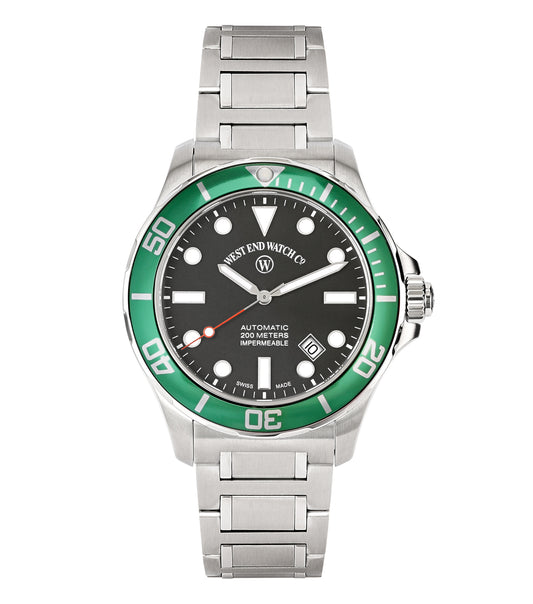 West End watch in a dark tone, displayed at a 45-degree angle, showcasing its refined face and classic strap design.