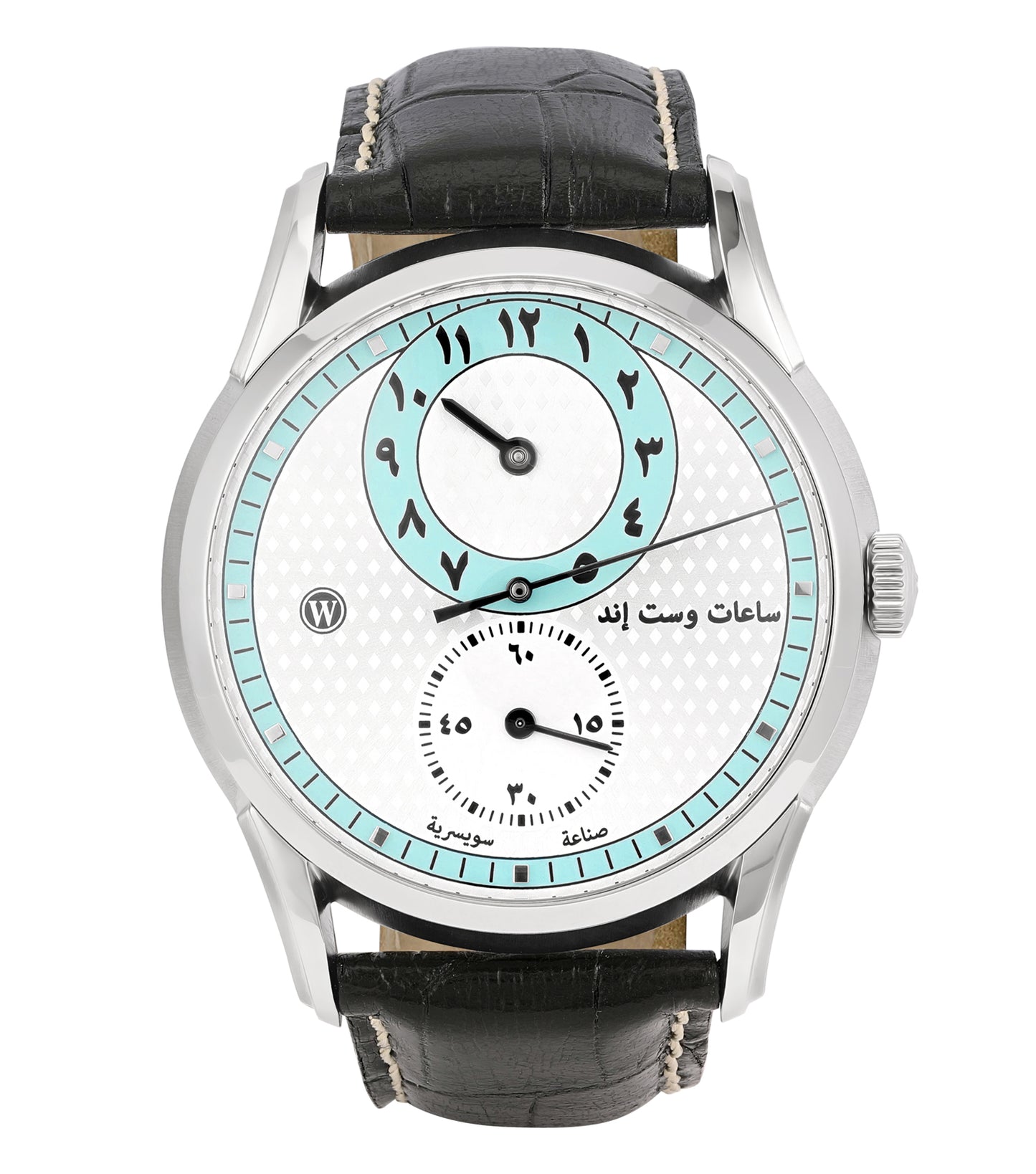 West End Watch, elegant Regulator in vibrant red, featuring intricate dial design, captured at a dynamic three-quarter angle.