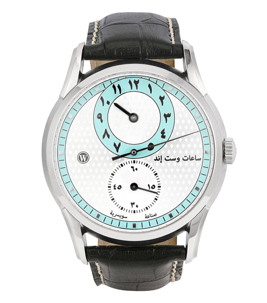 West End Watch, elegant Regulator in vibrant red, featuring intricate dial design, captured at a dynamic three-quarter angle.