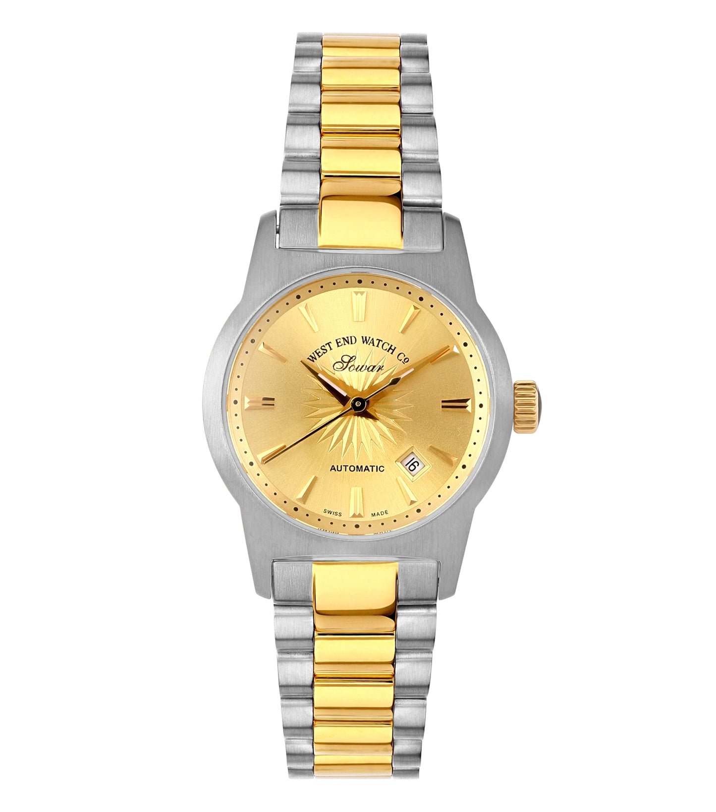 West End two-tone watch with a silver and gold finish, classic round face; front view highlighting elegant craftmanship.