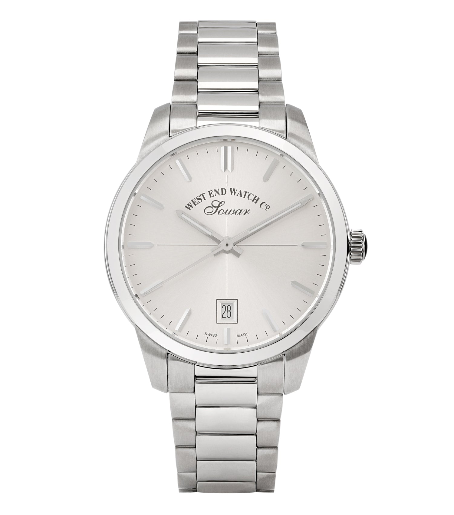 West End quartz color wristwatch, side angle view showcasing elegant brushed silver finish, gold-tone detailing, and classic round face.