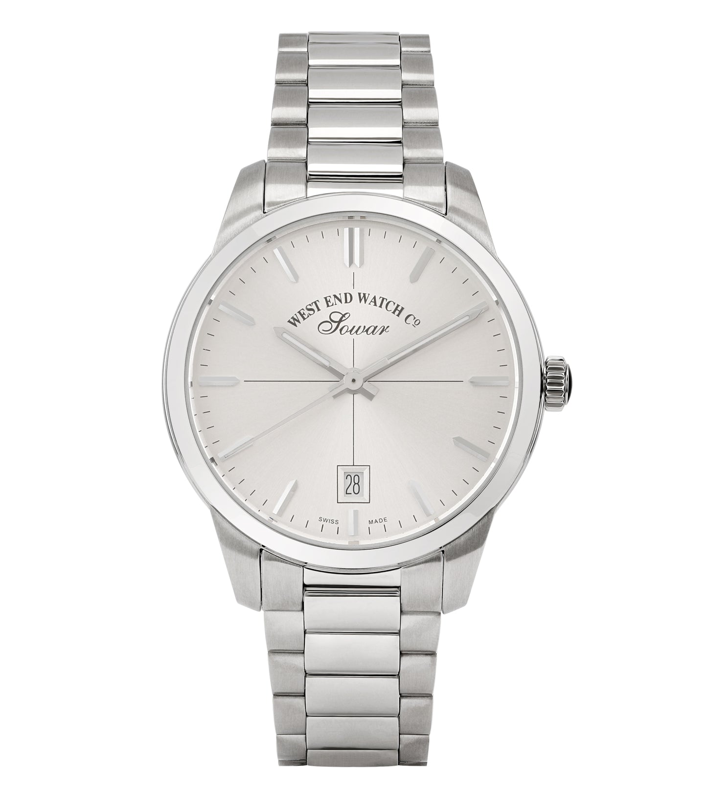West End quartz color wristwatch, side angle view showcasing elegant brushed silver finish, gold-tone detailing, and classic round face.