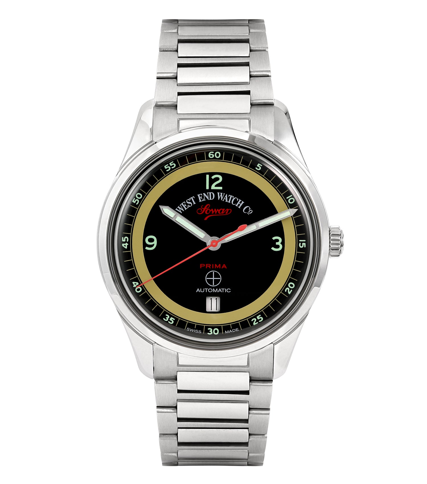 West End silver watch, front-facing view, stylishly detailed with classic design elements reflecting craftsmanship and elegance.