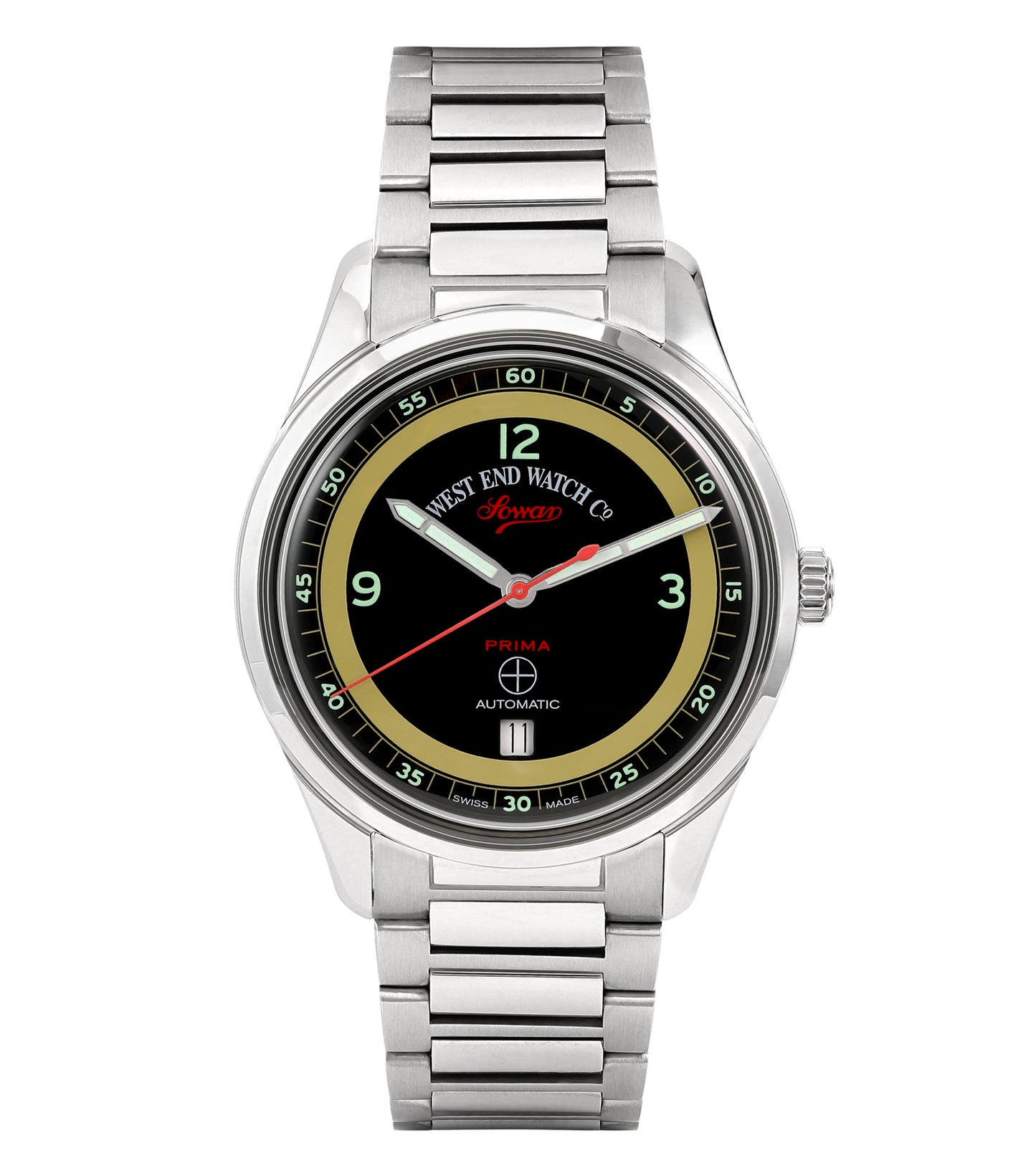 West End silver watch, front-facing view, stylishly detailed with classic design elements reflecting craftsmanship and elegance.