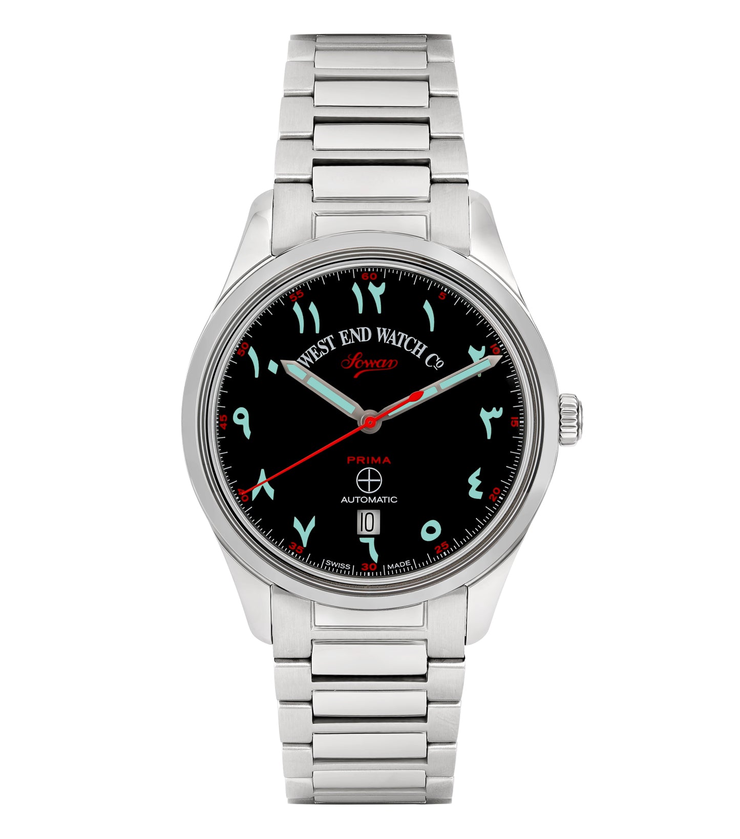 West End silver watch, side view; sleek design, modern elegance, metallic shine, classic round face, silver bracelet, timeless style.