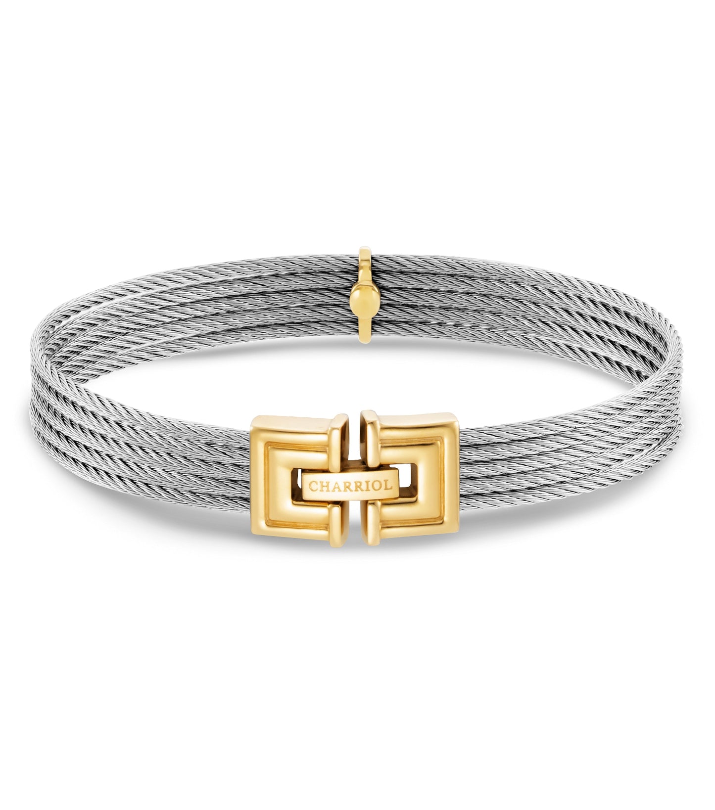 Charriol steel bangle, angled view, showcasing twisted cable design, polished accents, and sophisticated style in steel color.