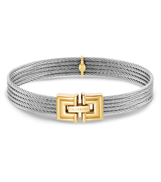 Charriol steel bangle, angled view, showcasing twisted cable design, polished accents, and sophisticated style in steel color.