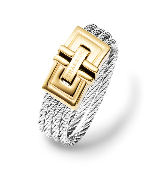 Charriol steel ring, elegantly displayed at a 45-degree angle, showcasing its sleek metallic finish and minimalist design.