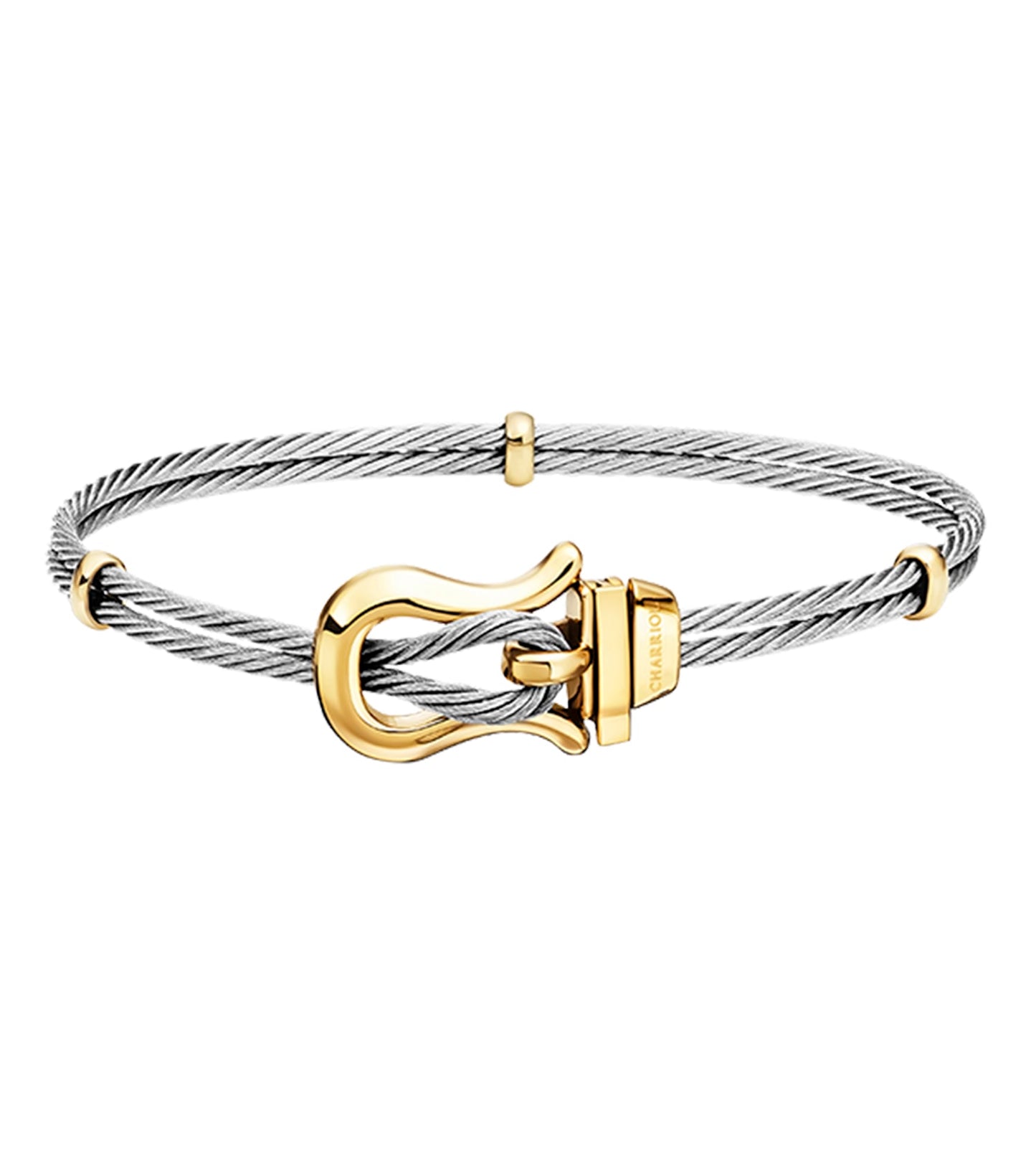 Charriol yellow bracelet with intricate details, front angle, showcasing elegant texture and gleaming charm, ideal for fashion lovers.