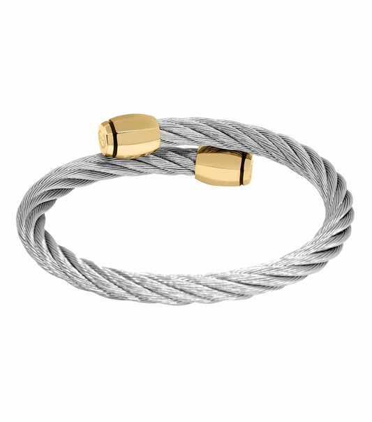 Charriol Celtic Bangle, front angle view; antique design, steel cable structure with silver accents; elegant, timeless piece.