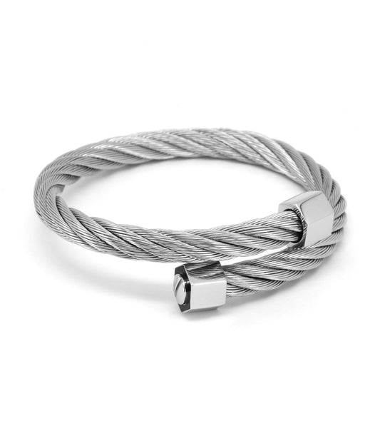 Elegant Charriol steel color Celtic bangle with screw detail, showcased at a top-down angle highlighting its intricate design.