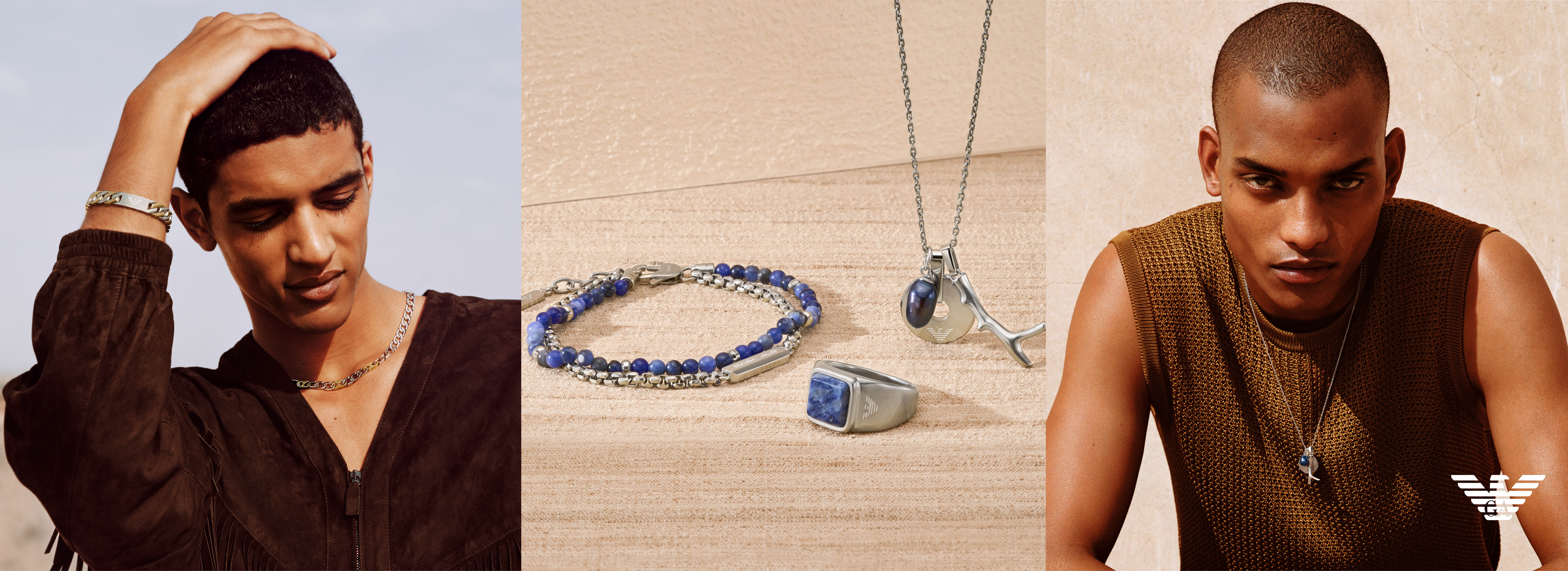 Emporio Armani accessories including stainless steel bracelet, pendant necklace and stone ring, styled on model with product views