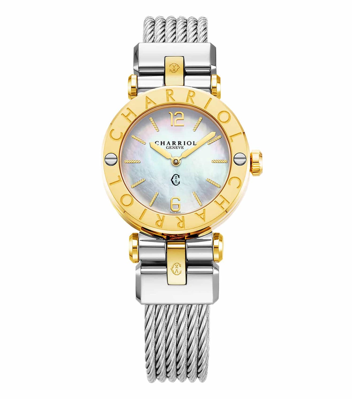 Charriol navy blue watch with gold accents, featuring a detailed dial and elegant strap, angled upright for optimal display.