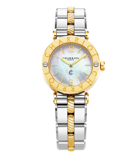Charriol bicolor bracelet at a 45-degree angle showcasing its elegant design, perfect for watch enthusiasts seeking timeless style.